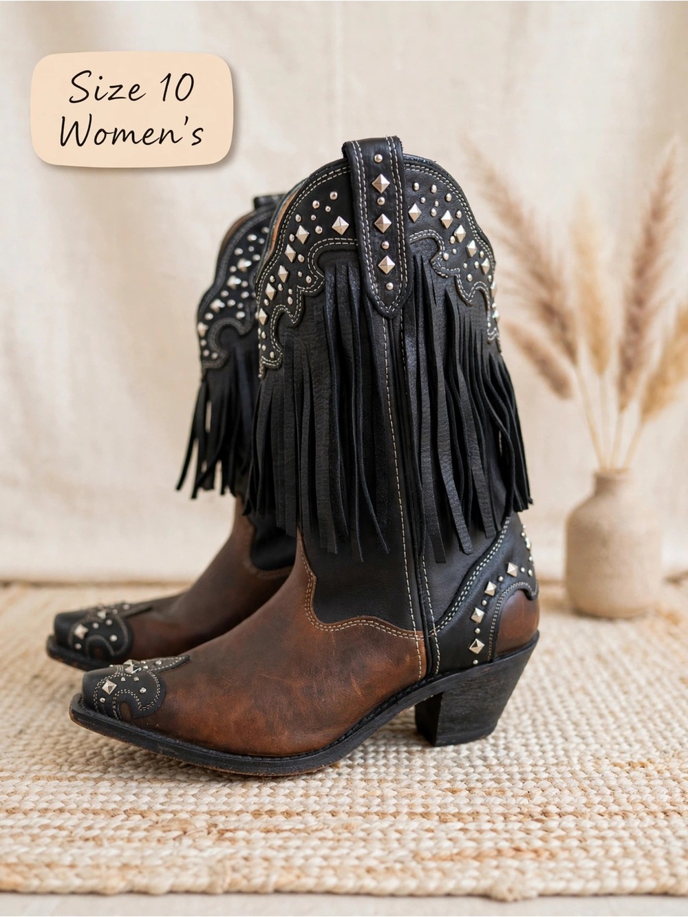 Women’s Rockin Country Fringe studded brown and black leather western boots